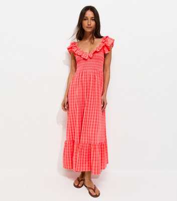 Red Cotton Gingham Ruffled Neck Midi Dress