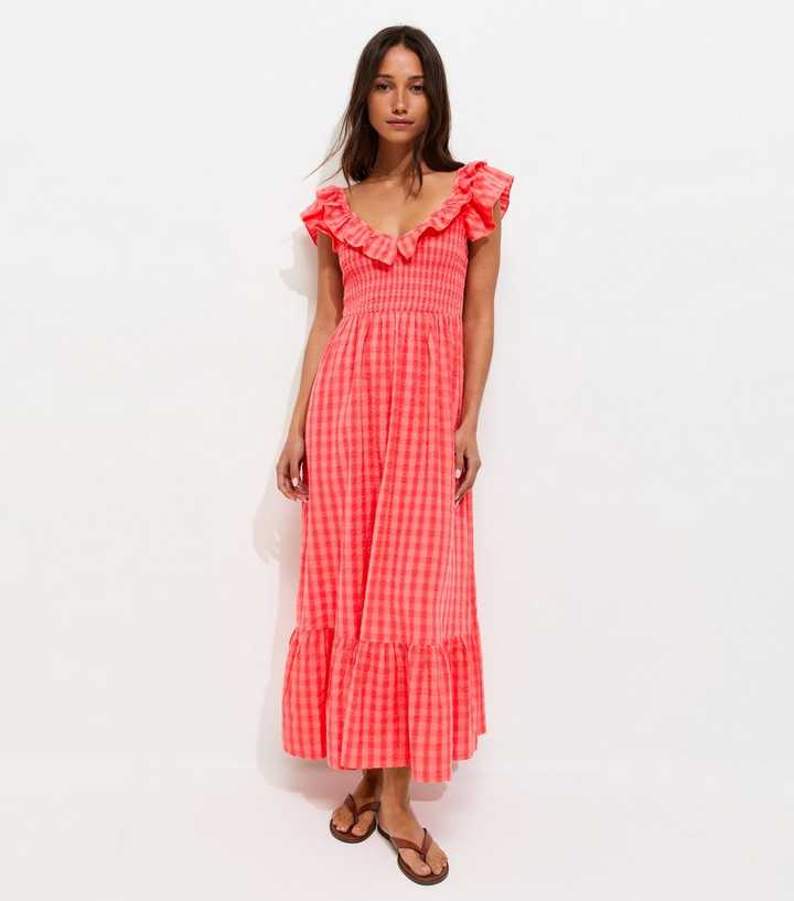 Red Cotton Gingham Ruffled Neck Midi Dress