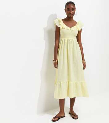 Yellow Cotton Gingham Ruffled Neck Midi Dress