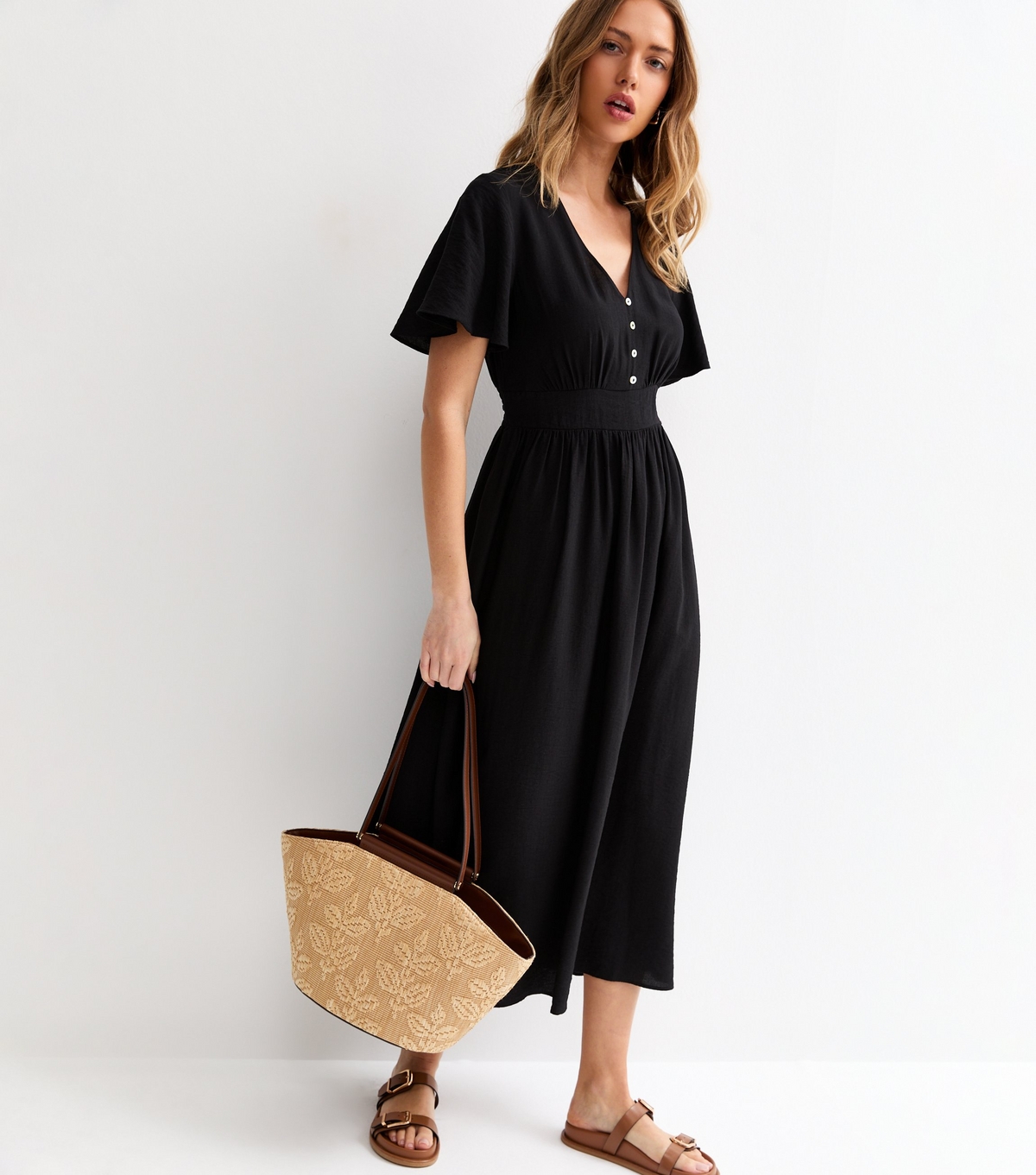 Women's Black Frill Sleeve V Neck Midi Dress New Look