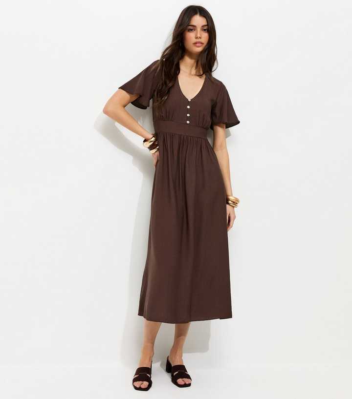 Brown Frill Sleeve V Neck Midi Dress