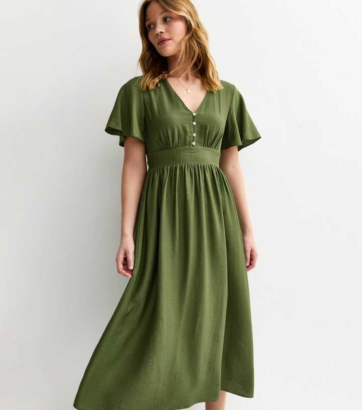 Dark Khaki Frill Sleeve V Neck Midi Dress
