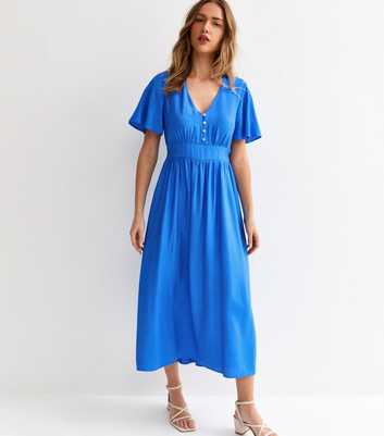 Bright Blue Frill Sleeve V Neck Midi Dress