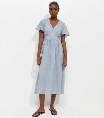 Light Blue Frill Sleeve V Neck Midi Dress