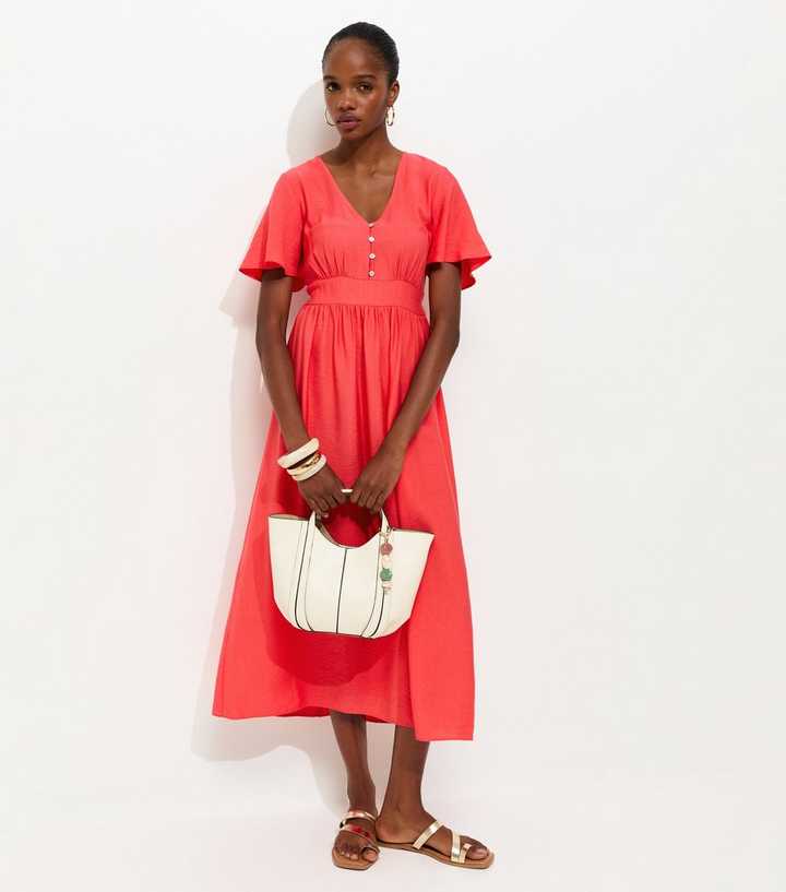 Coral Frill Sleeve V Neck Midi Dress