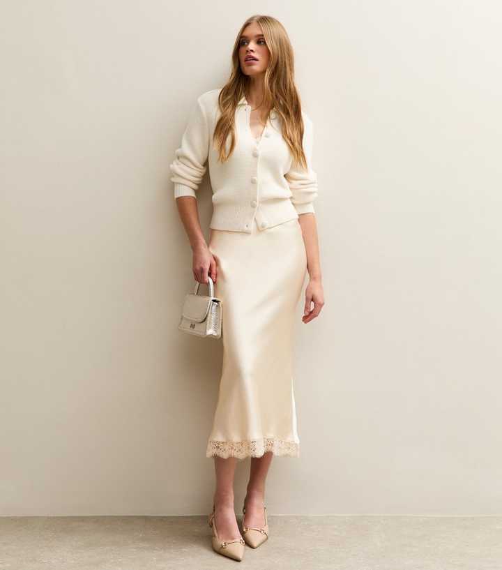 Cream Lace Trim Midi Satin Skirt