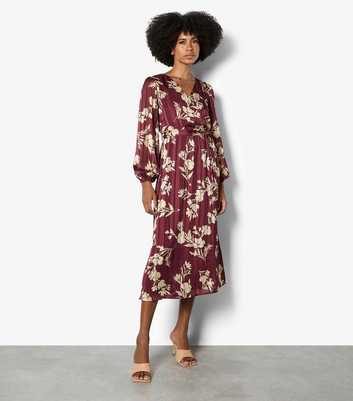 Apricot Burgundy Floral Long Sleeve Midaxi Dress