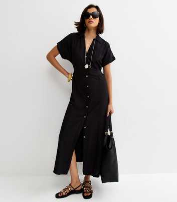 Black Linen Blend Shirt Midi Dress