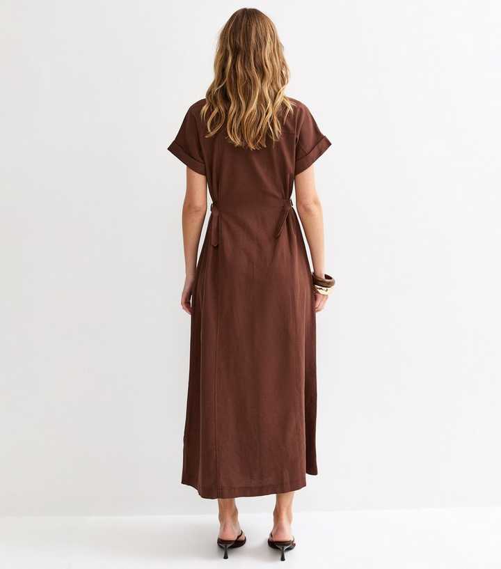 Dark Brown Linen Blend Shirt Midi Dress | New Look
