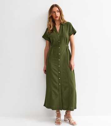 Dark Khaki Linen Blend Shirt Midi Dress