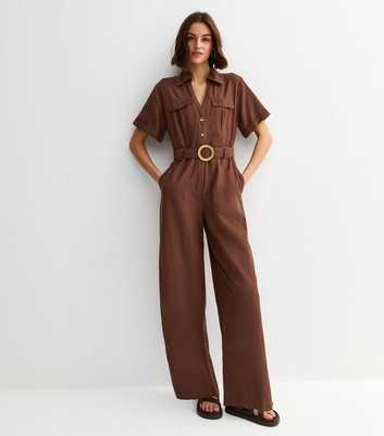 Dark Brown Short Sleeve Belted Jumpsuit