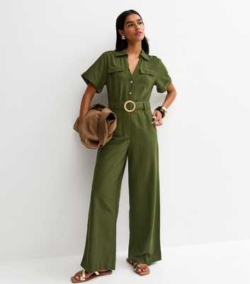 Khaki Short Sleeve Belted Jumpsuit
