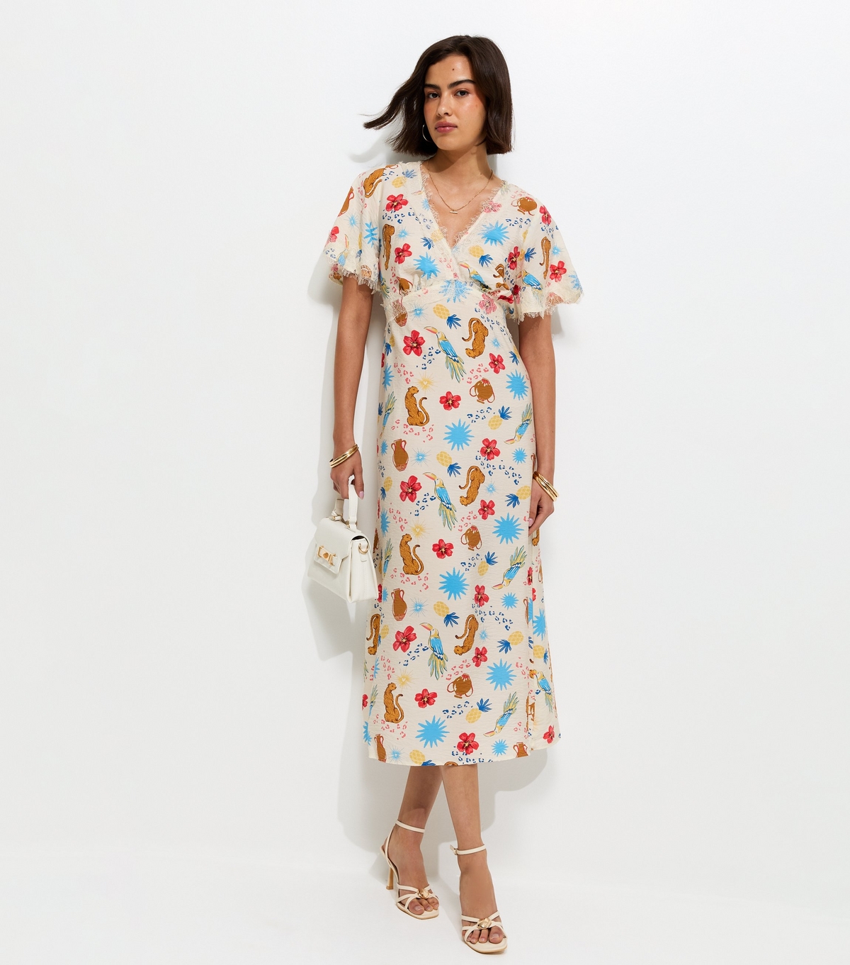 Women's Cream Leopard Pattern Lace Trim Tea Midi Dress New Look