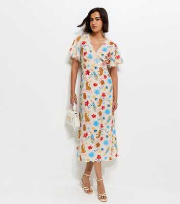 Cream Leopard Pattern Lace Trim Tea Midi Dress