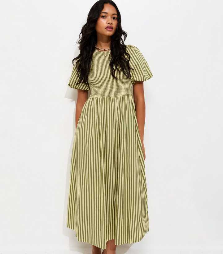 Green Cotton Striped Shirred Midi Dress | New Look