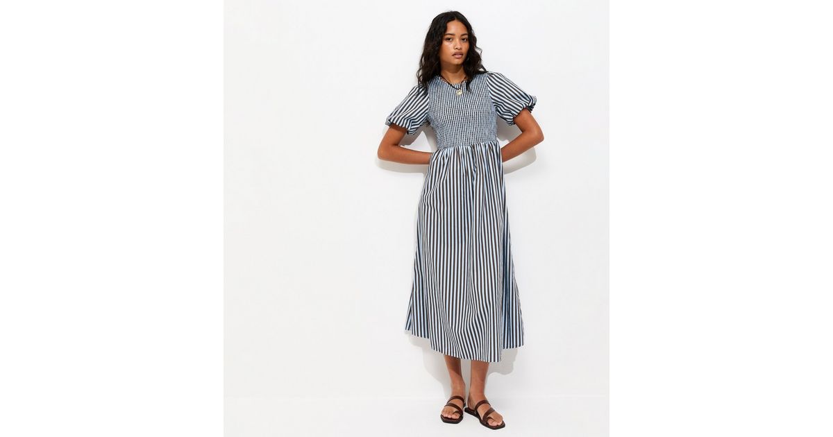 new look striped midi dress Brown Striped V-Neck Puff Sleeve Midi Dress