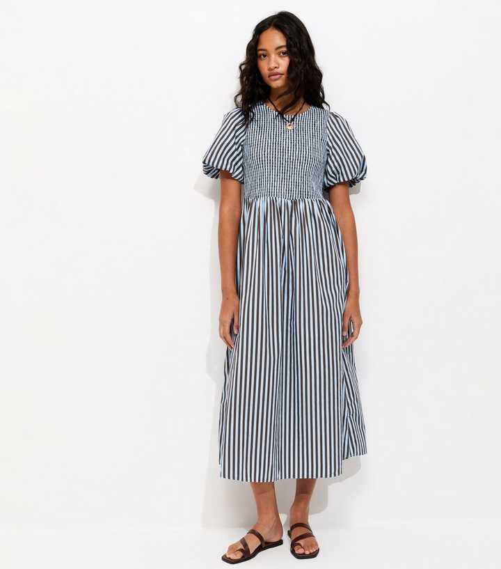 new look striped midi dress Blue Striped Tie Waist Midi Shirt Dress