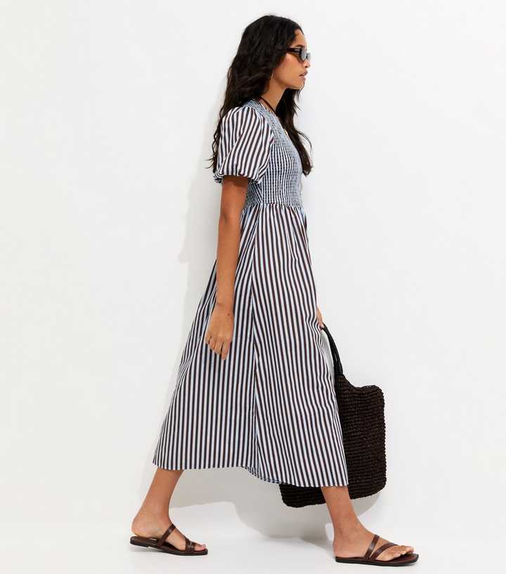 Blue Cotton Striped Shirred Midi Dress