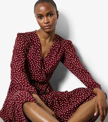 Apricot Burgundy Polka Dot Ruffle Midi Dress
