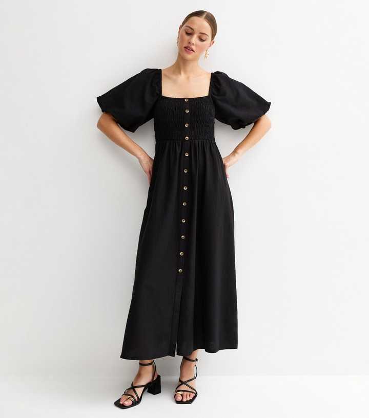 Black Faux Button Milkmaid Midi Dress