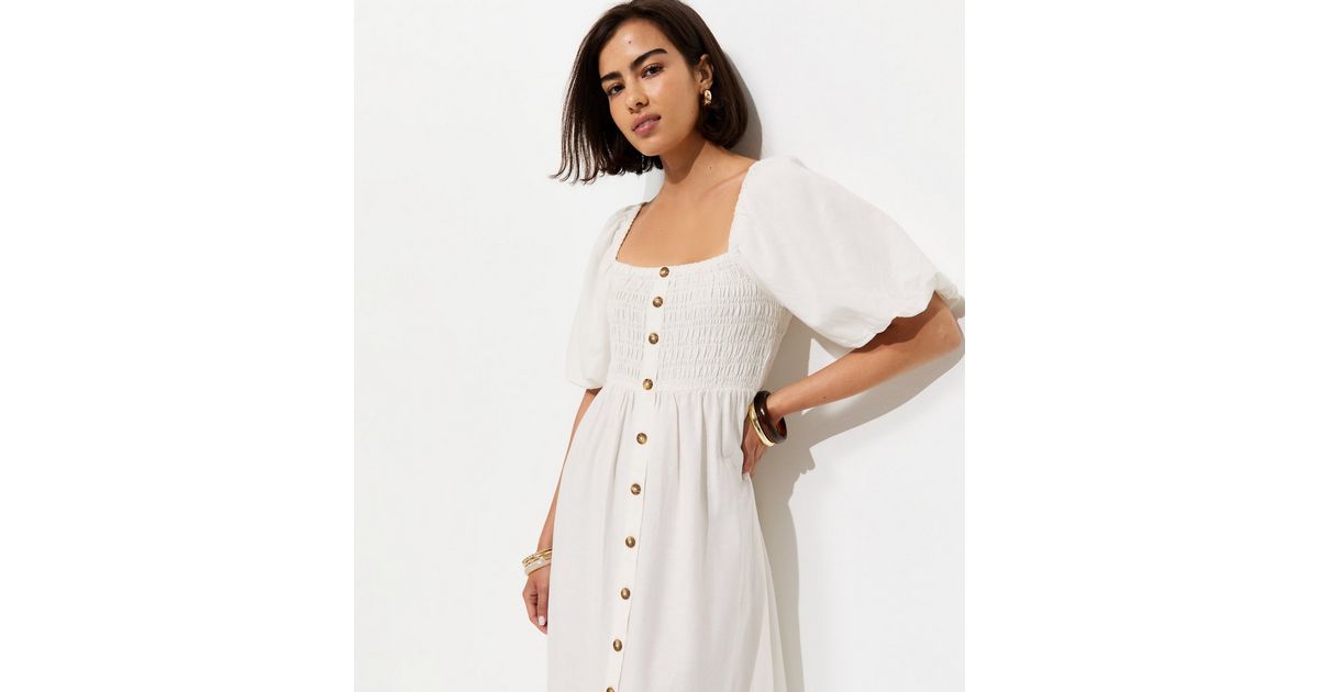 Cream Faux Button Milkmaid Midi Dress