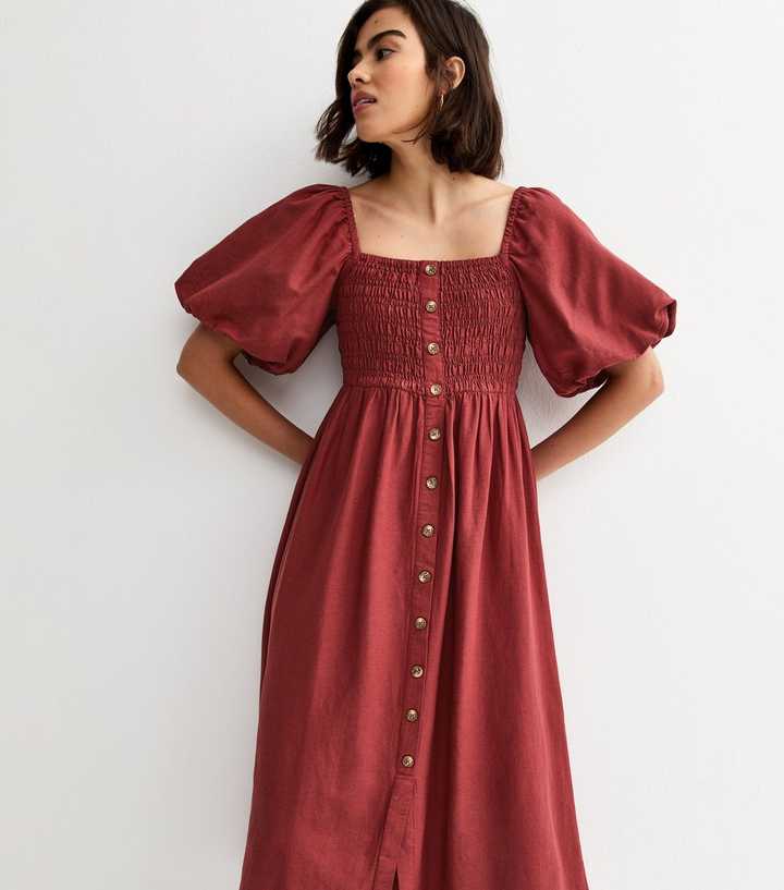 Dark Red Faux Button Milkmaid Midi Dress