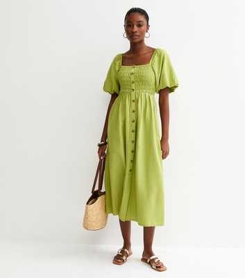 Bright Green Faux Button Milkmaid Midi Dress