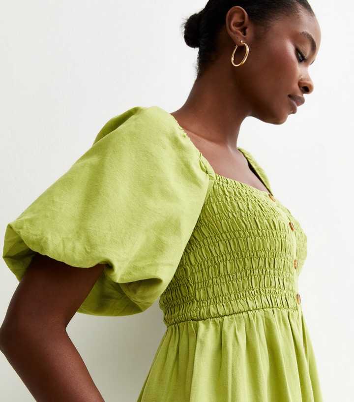 Bright Green Faux Button Milkmaid Midi Dress | New Look Bright Green Faux Button Milkmaid Midi Dress | New Look