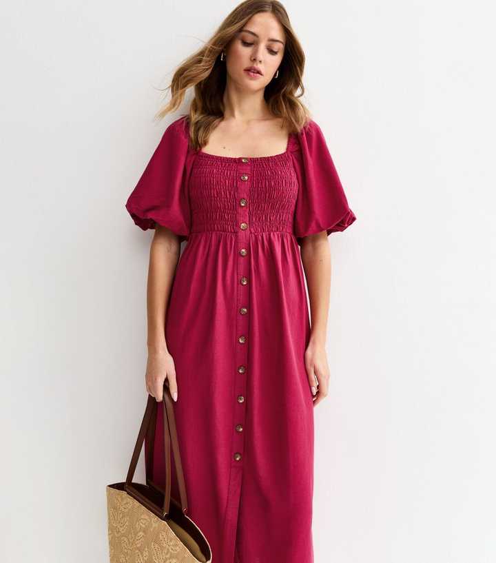 Light Burgundy Faux Button Milkmaid Midi Dress