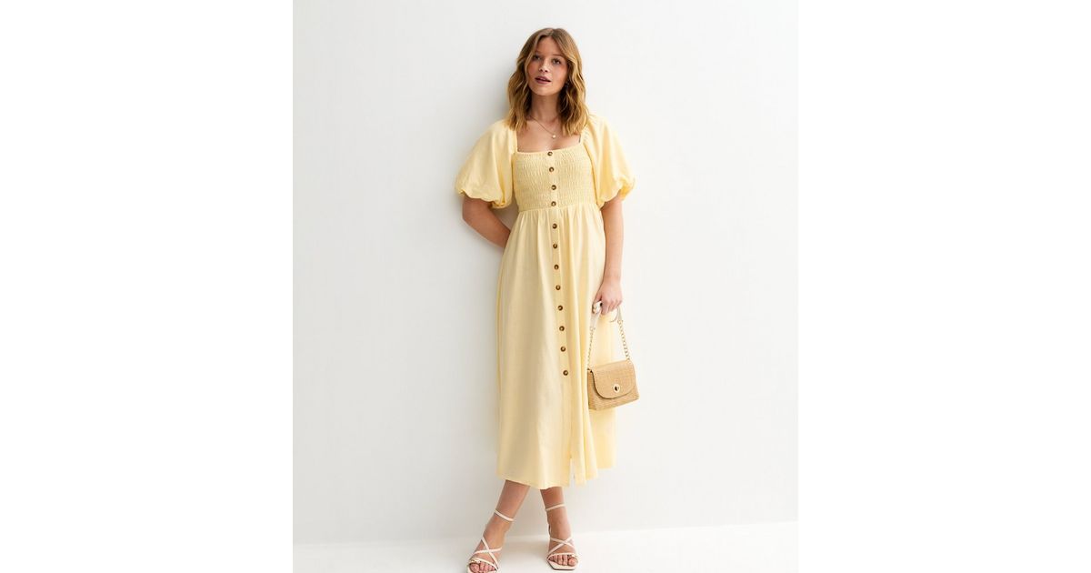 Light Yellow Faux Button Milkmaid Midi Dress