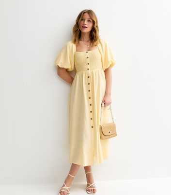 Light Yellow Faux Button Milkmaid Midi Dress