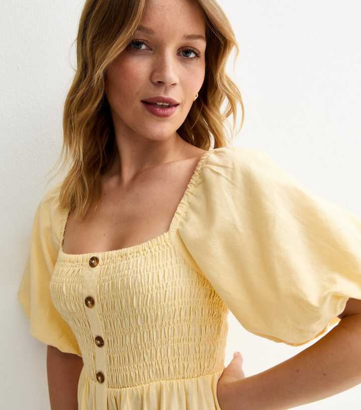 Light Yellow Faux Button Milkmaid Midi Dress | New Look Light Yellow Faux Button Milkmaid Midi Dress | New Look