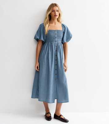 Light Blue Chambray Milkmaid Midi Dress