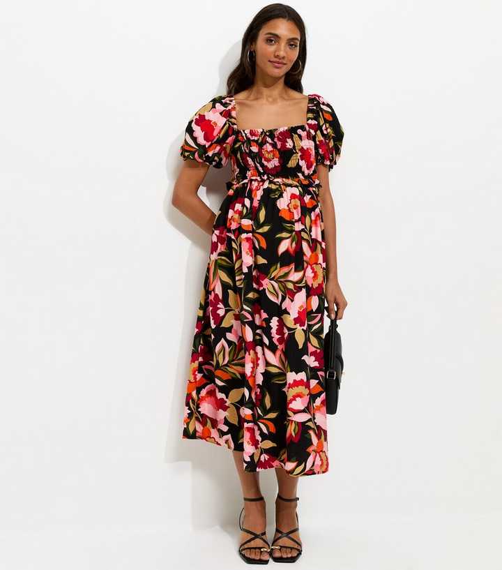 Maternity Black Floral Milkmaid Midi Dress