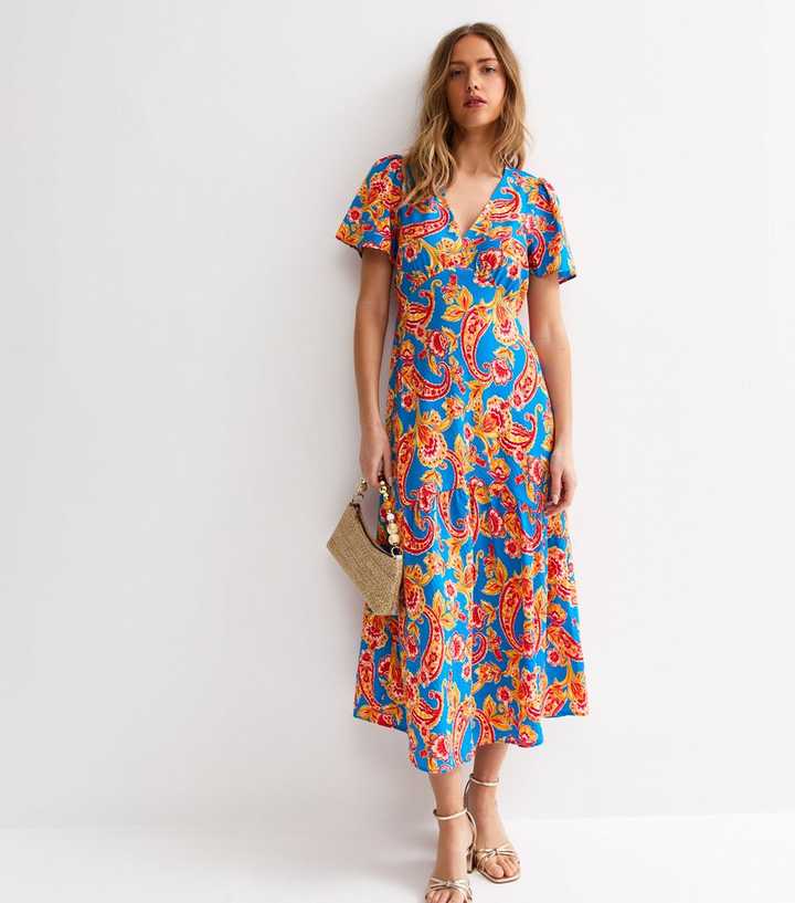 Blue Oversize Paisley Print Tiered Midi Tea Dress