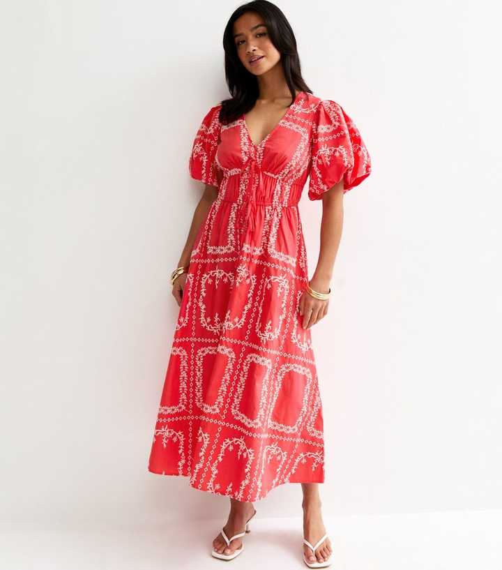 Petite Orange Embroidered V-Neck Midi Dress