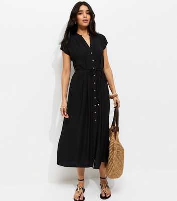 Black Toggle Shirt Midi Dress