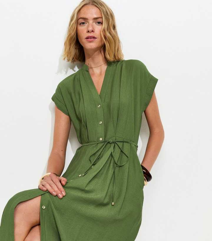 Dark Khaki Toggle Shirt Midi Dress