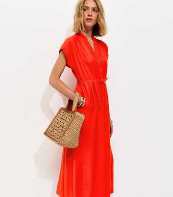 Bright Red Toggle Shirt Midi Dress