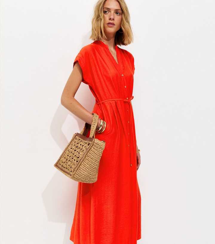 Bright Red Toggle Shirt Midi Dress