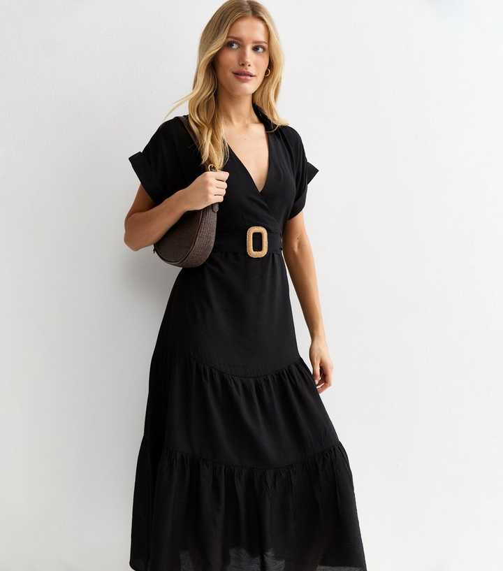 Black Tiered Belted Midi Dress | New Look