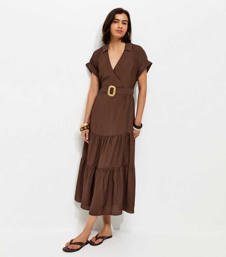 Dark Brown Tiered Belted Midi Dress | New Look