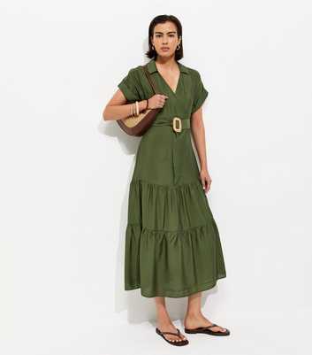 Dark Khaki Tiered Belted Midi Dress