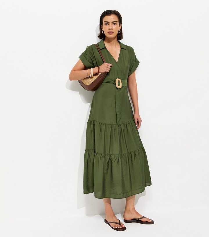 Dark Khaki Tiered Belted Midi Dress