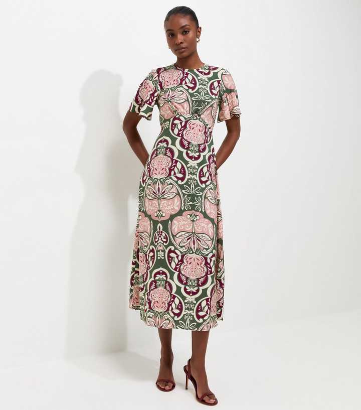 Green Floral Angel Sleeve Midi Dress