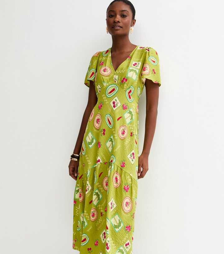 Green Fruit Print Tiered Midi Tea Dress