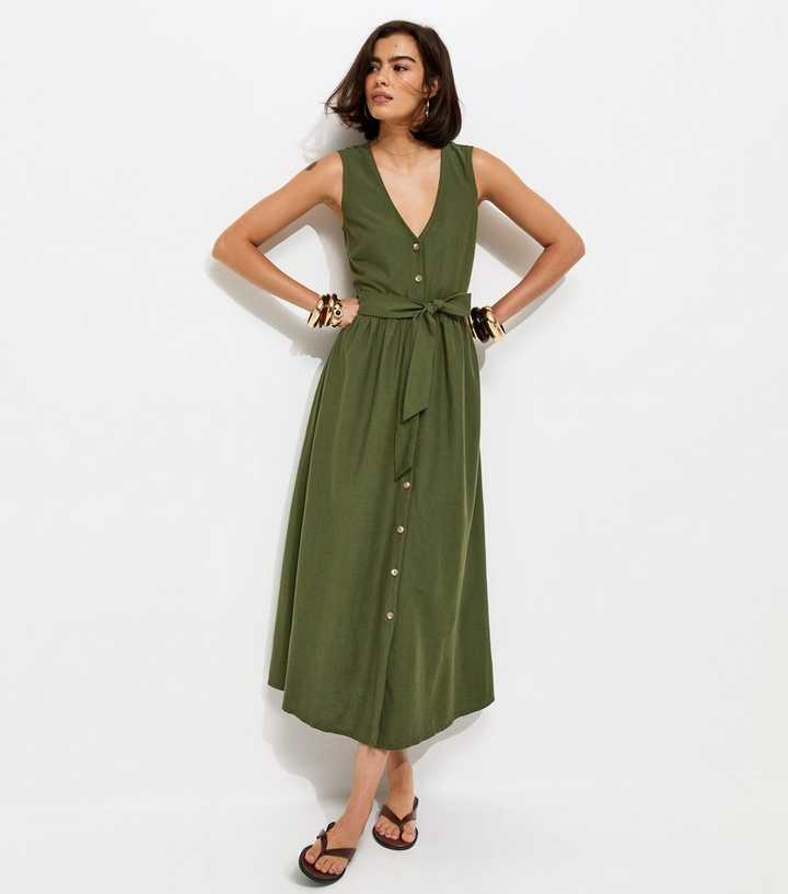 Dark Khaki Sleeveless Button Through Midi Dress