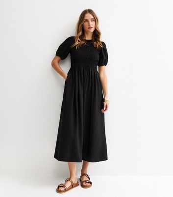 Black Shirred Body Short Sleeve Midi Dress