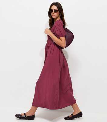 Dark Burgundy Shirred Body Short Sleeve Midi Dress