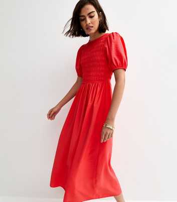 Red Shirred Body Short Sleeve Midi Dress